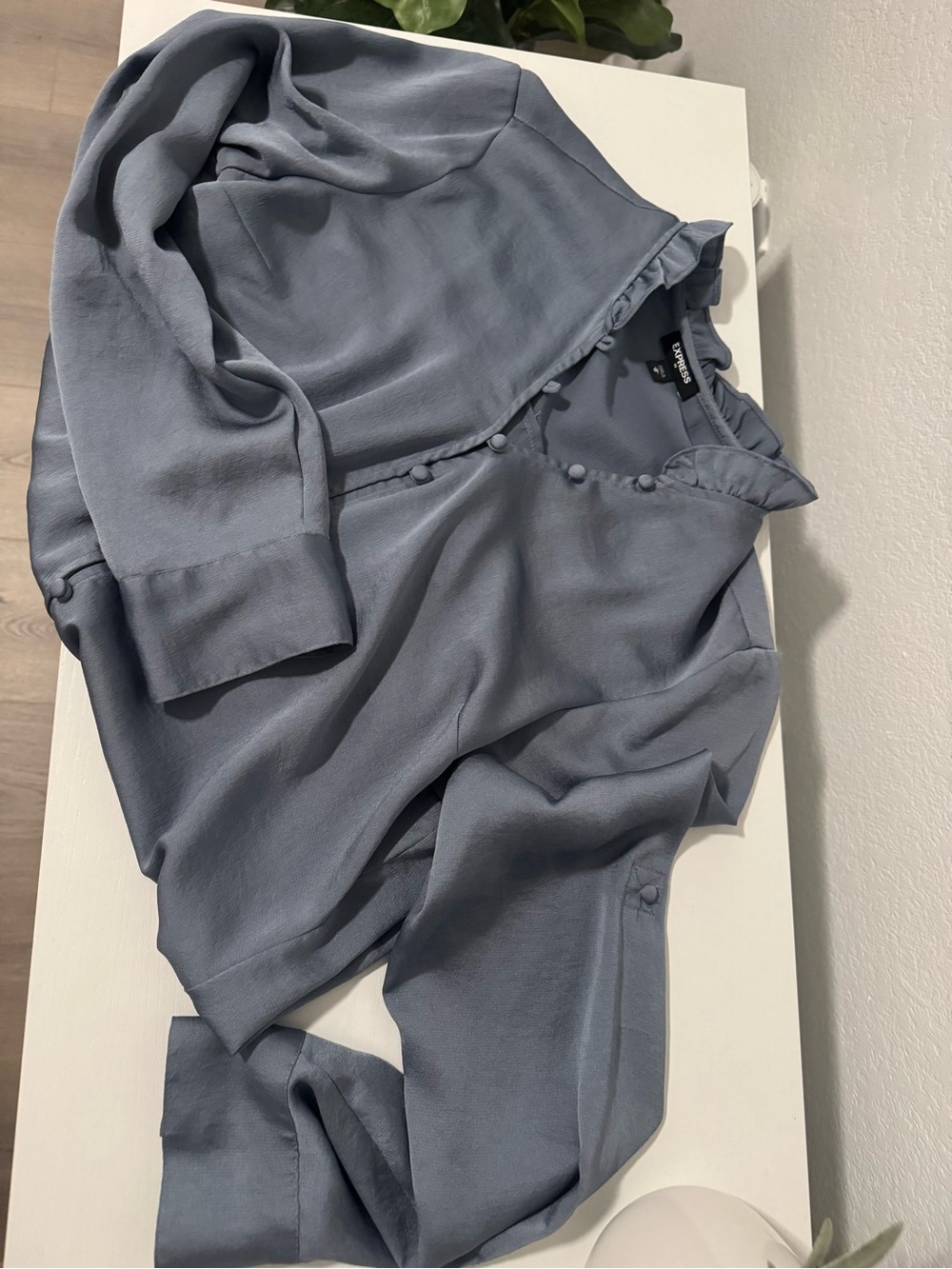 Express Dusty Blue Button-Front Ruffle Collar Blouse